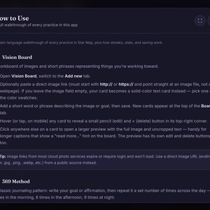 May include: A dark-themed digital interface window titled How to Use, featuring a white text guide on app functionality. It includes sections for Vision Board and 369 Method, with instructions on adding image links, editing cards, and a tip about URL sources.