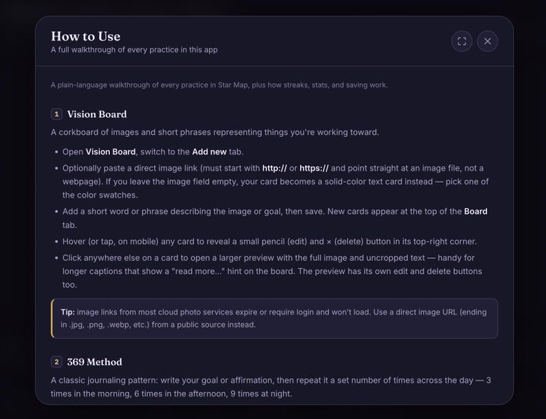 May include: A dark-themed digital interface window titled How to Use, featuring a white text guide on app functionality. It includes sections for Vision Board and 369 Method, with instructions on adding image links, editing cards, and a tip about URL sources.