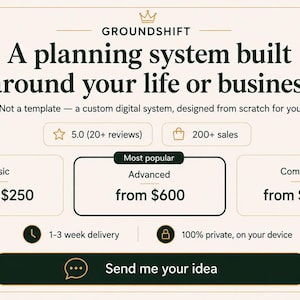 May include: A digital planning system service graphic titled GROUNDSHIFT with the text A planning system built around your life or business. It displays three service tiers: Basic from $250, Advanced from $600, and Complete from $1,200.