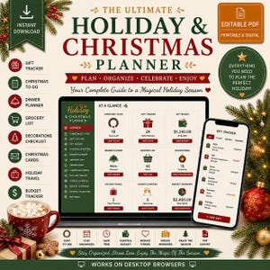 May include: A digital holiday and Christmas planner displayed on a laptop and smartphone screen. The interface features sections for a gift tracker, dinner planner, grocery list, and budget overview. The design uses a festive red, green, and white color palette with icons and text labels for organizing holiday tasks.
