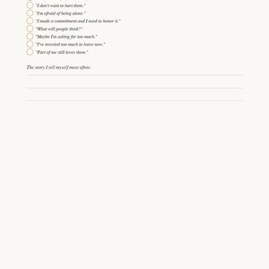 May include: A journal page with the title "Part 2 of 6 - What I've been telling myself." It includes a list of statements to circle if true, and a space to write a story. The page is on a cream background.