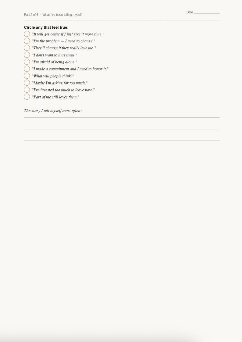 May include: A journal page with the title "Part 2 of 6 - What I've been telling myself." It includes a list of statements to circle if true, and a space to write a story. The page is on a cream background.