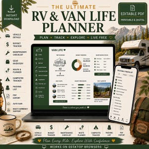 May include: A digital RV and van life planner displayed on a laptop and smartphone screen. The interface features a dark green and white colour scheme with sections for trip overview, budget tracking, maintenance status, and a packing checklist.