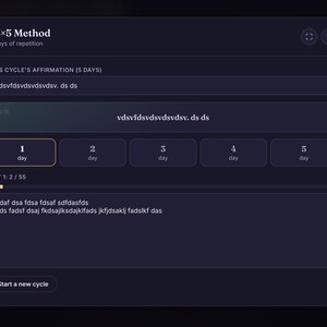 May include: A dark purple digital interface titled 55x5 Method with a 5 days of repetition header. It displays a text input field for an affirmation, a progress tracker for 5 days, and a text area labeled Day 1: 2 / 55 with placeholder text.