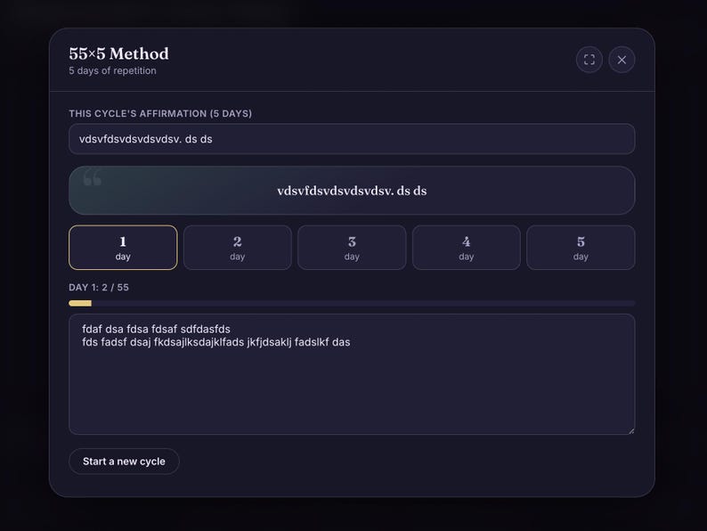 May include: A dark purple digital interface titled 55x5 Method with a 5 days of repetition header. It displays a text input field for an affirmation, a progress tracker for 5 days, and a text area labeled Day 1: 2 / 55 with placeholder text.