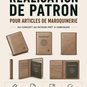Peut inclure: Une fiche de conception numérique titrée GENÉCIX CUIR RÉALISATION DE PATRON POUR ARTICLES DE MAROQUINERIE présentant des illustrations d'un porte-passeport en cuir marron sous divers angles, ouvert et fermé, avec des icônes et du texte.