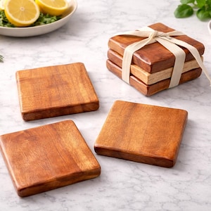 Sous-bocks personnalisés en bois de manguier - Ensemble de boissons rustiques gravées sur mesure