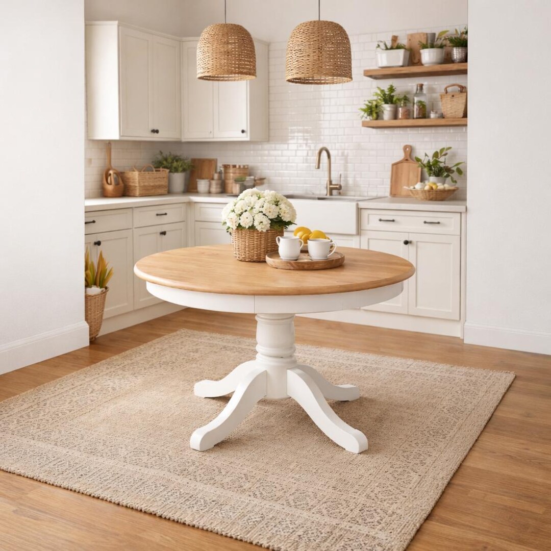 Handmade Solid Oak Round Dining Table – Farmhouse Pedestal Table 108cm ...