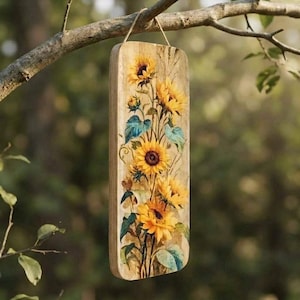 Sunflower Wood Art Narrow Plaque, Rustic Botanical Wall Hanging with Photo Transfer