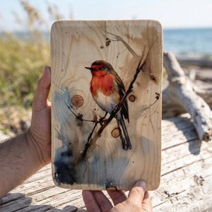 May include: A rectangular wooden board featuring a painted illustration of a robin perched on a thin branch. The bird has a bright red breast, brown wings, and a white belly. The natural wood grain is visible, with dark knots and watercolour accents.