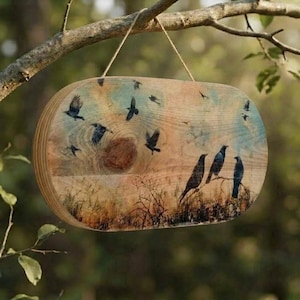 Flying Crows Wood Plaque Sign, Rustic Bird Silhouette Art, Photo Transfer