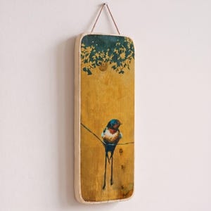 Teal Rust Swallow Narrow Wood Plaque, Cottagecore Bird Wall Art, Photo Transfer