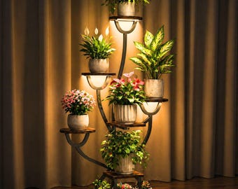 Soporte para plantas de 7 niveles con luces de cultivo / Estante esquinero alto para plantas con estantes de exhibición de madera / Soporte de metal para flores para la decoración del hogar