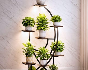 Soporte vertical de esquina de 8 niveles para plantas con luces de cultivo, soporte de metal y estantes de madera.