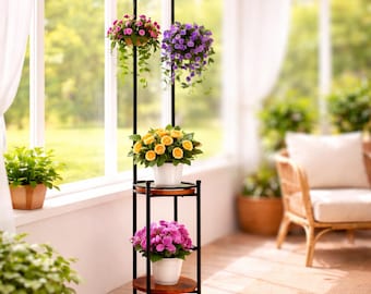 Soporte esquinero para plantas, estante de exhibición de madera y metal con barra para colgar.