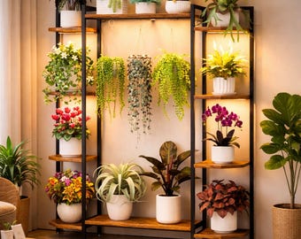 Soporte de madera para plantas de 10 niveles con 6 luces de cultivo, estante de exhibición para interior y exterior