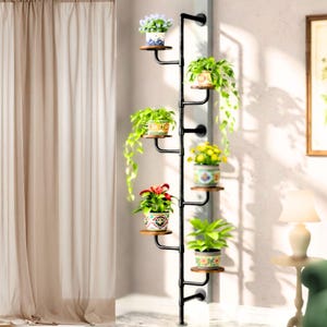 May include: A black metal plant stand with six wooden shelves, each holding a potted plant. The plants feature various colors of flowers and foliage. The stand is mounted on a wall next to a beige curtain.