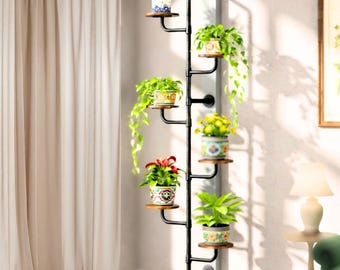 Soporte giratorio de metal de 6 niveles para plantas con estantes de madera / Exhibidor para interiores y exteriores