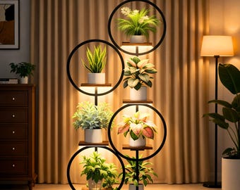 Soporte para plantas de interior de 7 niveles con luces de cultivo, estante moderno de metal y madera para exhibición de flores.