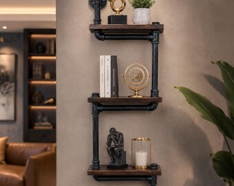 Estantes flotantes rústicos de madera / Estantería de almacenamiento de 3 niveles estilo granja / Estantería industrial de tuberías / Librería de madera para la decoración del hogar