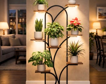 Soporte de madera de 8 niveles para plantas con luces LED de cultivo / Expositor de flores alto para esquina