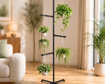 Soporte colgante alto de metal para plantas: soporte ajustable para exhibición en interiores y exteriores