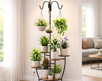 Soporte esquinero de 5 niveles para plantas con luz de cultivo ajustable – Exhibidor de madera y metal