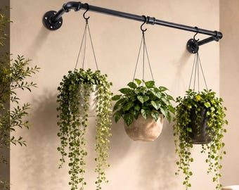 Barra colgante para plantas de interior, colgador de metal negro para decoración de paredes y techos, decoración de plantas estilo granja.