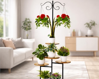 Soporte para plantas de metal y madera de 5 niveles con ganchos para colgar / Estante esquinero para interiores