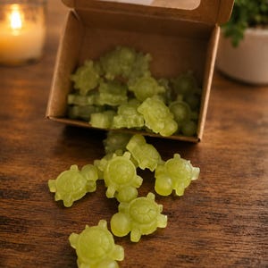 May include: Light green turtle-shaped wax melts spilling from a cardboard box onto a wooden surface. A lit candle and a potted plant are in the background. The wax melts have a translucent appearance. The melts are small and turtle-shaped.