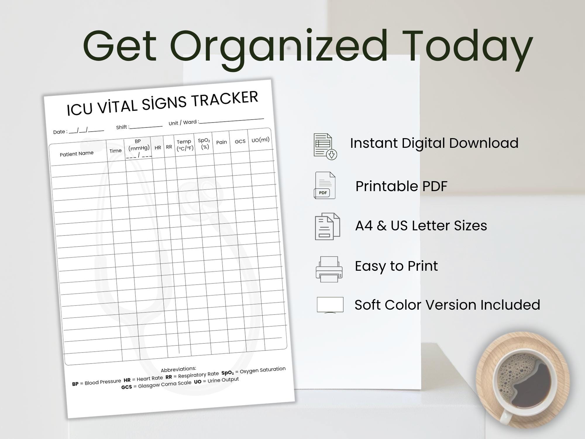 Sign Without Tracker Planner Printable ICU Vital Signs Log, Critical Care Monitoring Sheet ...