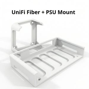 May include: A white UniFi Fiber + PSU Mount, comprising a rectangular base with several slots and a separate bracket. This mount is designed for network equipment and is constructed from a durable, lightweight material.