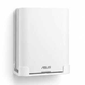 May include: A white ASUS Wi-Fi router mounted on a wall. The router has a rectangular design with rounded corners and the ASUS logo on the front. The device is designed to be mounted vertically.