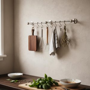 Puede incluir: Una barra de cocina de acero inoxidable con utensilios colgantes y una tabla de cortar de madera. También se suspenden un batidor, una espátula y un paño de rayas. Albahaca fresca y un cuenco sobre la encimera de madera.