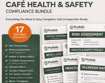 UK Cafe Health Safety Compliance Bundle, Editable Risk Assessment COSHH Templates