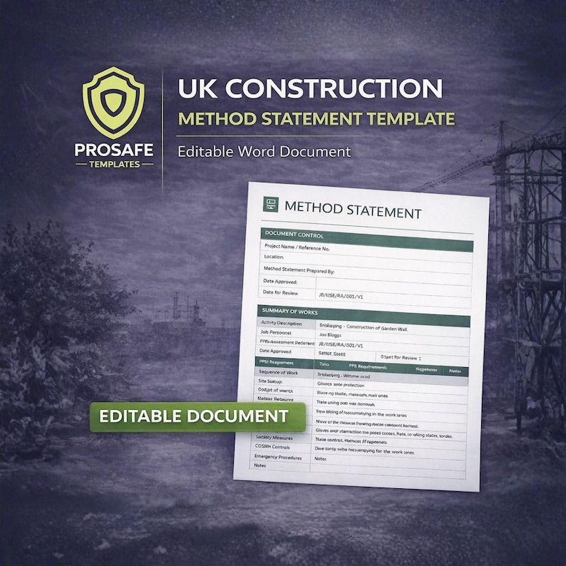 K&ouml;nnte beinhalten: Eine UK Construction Method Statement Vorlage, ein editierbares Word-Dokument. Das Dokument hat ein gr&uuml;n-wei&szlig;es Design mit Abschnitten f&uuml;r Projektdetails und Arbeitszusammenfassung. Das Prosafe Templates Logo ist sichtbar.
