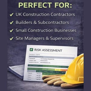 K&ouml;nnte beinhalten: Das Bild zeigt ein Risikobewertungsformular, einen gelben Bauhelm und Arbeitshandschuhe. Der Text "PERFECT FOR:" steht oben, gefolgt von Berufsbezeichnungen aus dem Baugewerbe. Der Hintergrund ist dunkel und strukturiert.