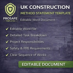 K&ouml;nnte beinhalten: Digitale Vorlage f&uuml;r UK-Konstruktionsmethoden. Das Bild zeigt ein Schildlogo, den Text "UK CONSTRUCTION METHOD STATEMENT TEMPLATE" und Aufz&auml;hlungspunkte, die die Funktionen des Dokuments detailliert beschreiben.