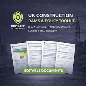 Może przedstawiać: Obraz promocyjny dla UK Construction RAMS & Policy Toolkit. Obraz przedstawia cztery dokumenty: Risk Assessment, Method Statement, COSHH Assessment i Health & Safety Policy. Widoczny jest również tekst "EDITABLE DOCUMENTS".