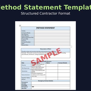 K&ouml;nnte beinhalten: Ein Dokument mit dem Titel "Method Statement Template" in einem blau-wei&szlig;en Tabellenformat. Das Dokument enth&auml;lt Abschnitte f&uuml;r Unternehmensinformationen, eine Arbeitsbeschreibung und Rollen mit Verantwortlichkeiten. Ein roter "SAMPLE"-Stempel befindet sich auf dem Dokument.