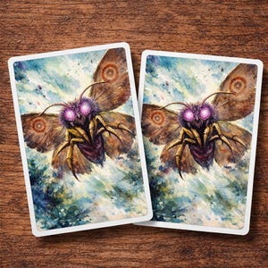 May include: Two trading card sleeves with a watercolor illustration of a moth. The moth has brown wings with circular patterns, purple eyes, and a yellow body. The background is a mix of blue and green hues. Text at the top reads "Standard TCG Card Sleeve Art."