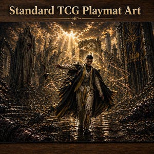 May include: A Standard TCG Playmat Art featuring a detailed fantasy scene with a figure in a long coat, walking towards the viewer. The artwork is in shades of brown and gold, with a dark, gothic aesthetic. The playmat is surrounded by game accessories.