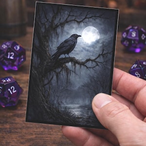 May include: A card sleeve featuring a dark, atmospheric illustration of a raven perched on a tree branch under a full moon. The artwork is in shades of gray and black, with the text "Standard TCG Card Sleeve Art" at the top.