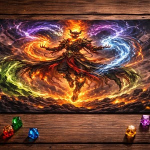May include: A gaming mat featuring a fantasy illustration of a demonic figure surrounded by swirling energy in shades of orange, purple, green, and blue. Several polyhedral dice are scattered around the mat.