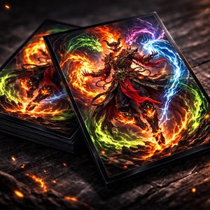 Puede incluir: Dos cartas de juego con una ilustración de fantasía. La obra de arte presenta una figura demoníaca rodeada de remolinos de fuego naranja, rojo, amarillo, verde, azul y morado. Las cartas tienen bordes negros y están apiladas sobre una superficie oscura y texturizada.