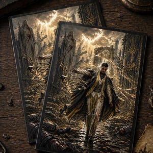 Könnte beinhalten: Zwei TCG-Kartenhüllen mit Fantasy-Kunst. Das Kunstwerk zeigt einen Mann in einem dunklen Mantel, der durch eine trostlose Landschaft mit gotischer Architektur geht. Der Text "Standard TCG Card Sleeve Art" steht oben.