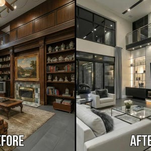 Peut inclure: Image divisée montrant une transformation de design d'intérieur avant-après. Le côté "AVANT" présente un salon traditionnel avec des boiseries sombres, une cheminée et des meubles à motifs. Le côté "APRÈS" affiche un design moderne et minimaliste avec une grande télévision et une cheminée.