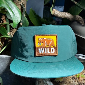 May include: A teal baseball cap with a flat brim. The cap features a rectangular patch with a brown bear holding a fish, set against a yellow background, with the word "WILD" below. The cap is made of a slightly textured material.
