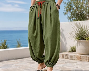 Pantalones harem de algodón y lino para hombre, corte holgado, pernera ancha, cintura elástica, estilo boho casual de verano, ligeros y largos.