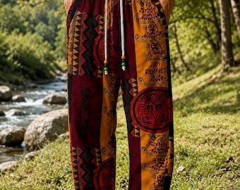 Men's Boho Tribal Print Cotton Linen Blend Drawstring Lightweight Summer Jogger Pants with Pockets